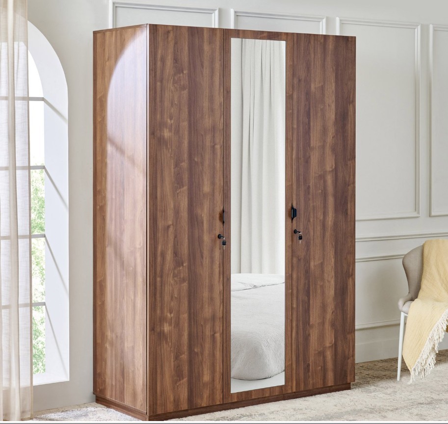 3-Door Wardrobe with Mirror - Brown