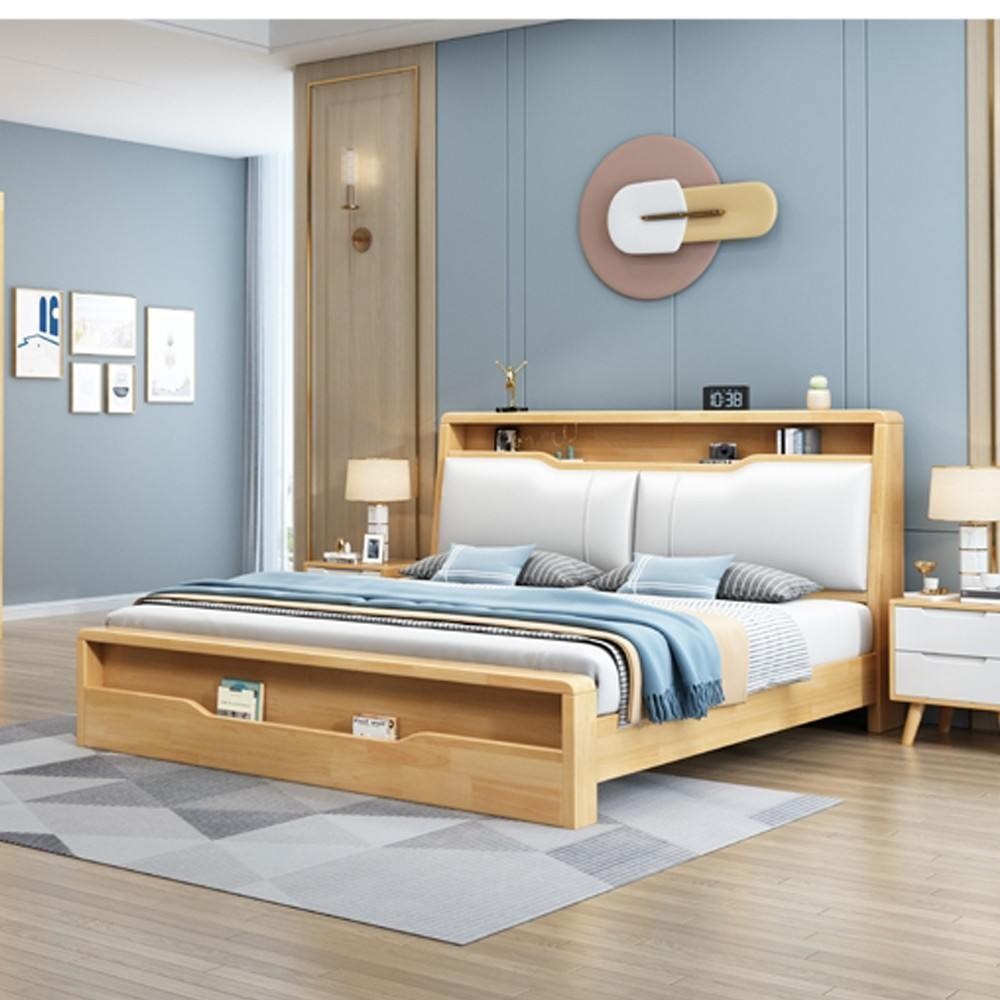 Modern Light Wood Bed Base With Pillows On Headrest